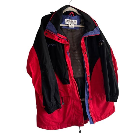 Columbia Omni-Tech Hooded Jacket Red Black Nylon Shell Women’s Large Hiking - Picture 3 of 16
